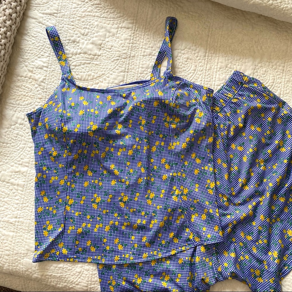 Vintage Suit Yourself Blue Gingham Floral Swimsuit Tankini Shorts Set 18W Plus